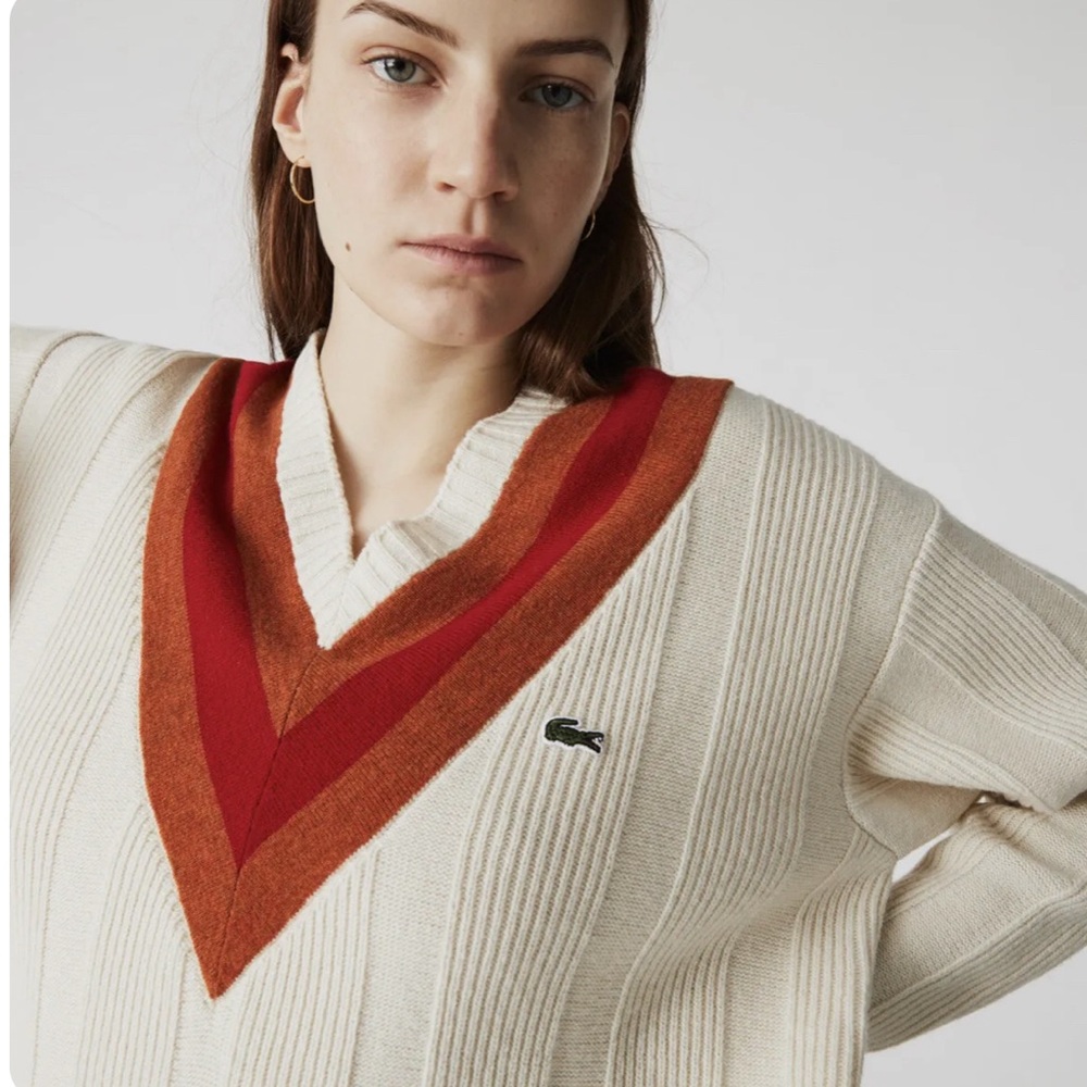 NWOT Lacoste V-neck striped textured wool sweater